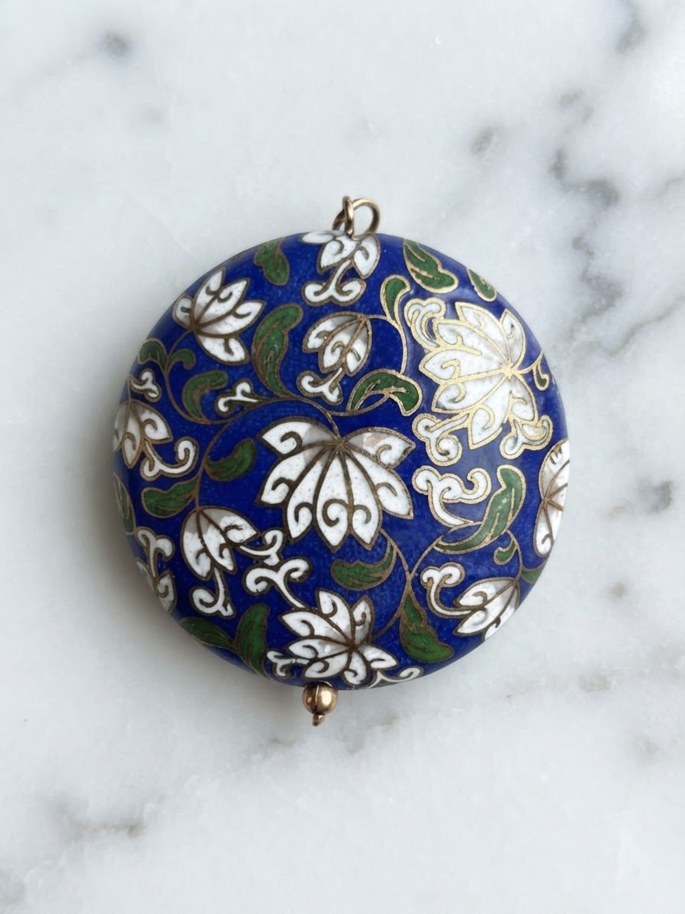 Vintage Chinese Cloisonné Enamel Statement Pendant Puffed Disc - Lotus
